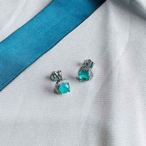 925 Argento Sterling Smaraldo Simulato Halo Orecchini a Bottone Donna Tondi Strass Intarsiato Verde Pietra Orecchini