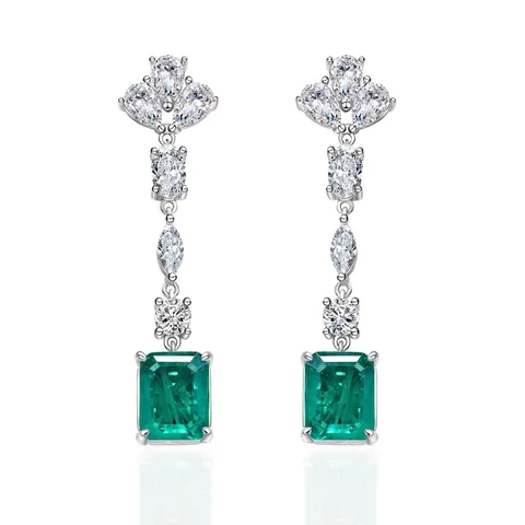 Elegant 925 Sterling Silver Emerald Cut Green Rhinestone Drop Earrings For Women Fashion Jewelry Wedding Party Accessory