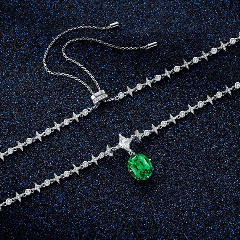 Elegante 925 Sterlingsilber Simulation Smaragd Anhänger Halskette Für Damen Sternkette Oval Strass Eingelegt Modeschmuck