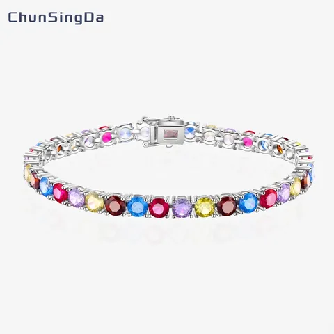 925 Sterlingsilber Mehrfarbiges Strass Tennisarmband Vier Krappenfassung Rundstein Armband Für Damen Hochzeit Party Schmuck