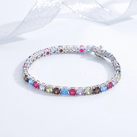 925 Sterlingsilber Mehrfarbiges Strass Tennisarmband Vier Krappenfassung Rundstein Armband Für Damen Hochzeit Party Schmuck