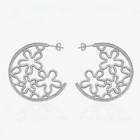 925 Sterling Zilver Micro Pave Strass Holle Bloem Creolen Voor Vrouwen Overdreven Grote C Vorm Hoepel Oorbellen