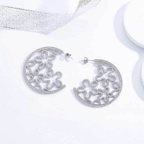 925 Sterling Zilver Micro Pave Strass Holle Bloem Creolen Voor Vrouwen Overdreven Grote C Vorm Hoepel Oorbellen
