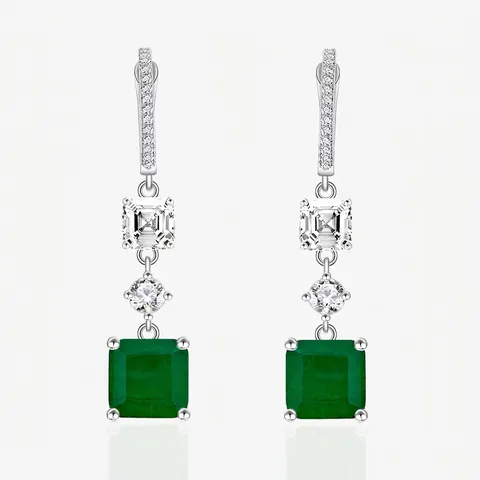 S925 Sterling Silver Simulated Emerald Drop Earrings Vintage Geometric Rhinestone Dangle Earrings For Women Party Jewelry