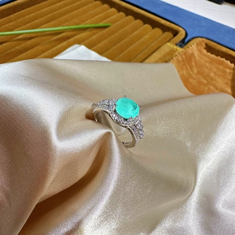 Elegant 925 Sterling Silver Round Paraiba Simulated Gemstone Ring Rhinestone Inlaid Fashion Jewelry For Women Wedding Jewelry