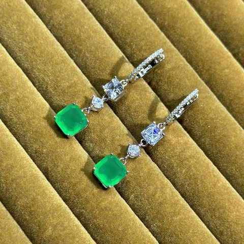 S925 Sterling Silver Simulated Emerald Drop Earrings Vintage Geometric Rhinestone Dangle Earrings For Women Party Jewelry
