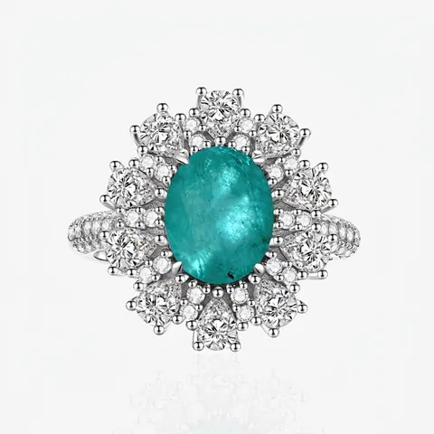 Anillo de Lujo de Plata de Ley 925 con Turmalina Paraiba Sintética Ovalada para Mujer Elegante Anello de Cóctel con Incrustación de Strass en Racimo