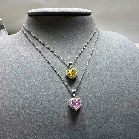 Luxus 925 Sterlingsilber Herz Anhänger Halskette Gelb Rosa Zirkonia Halo Schlüsselbein Kette Mode Schmuck Für Damen Geschenk