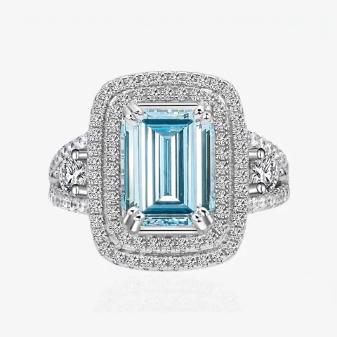 Lussuoso Anello Halo in Argento Sterling 925 Taglio Smeraldo Acquamarina Strass Giallo per Donna Gioielli per Anniversario