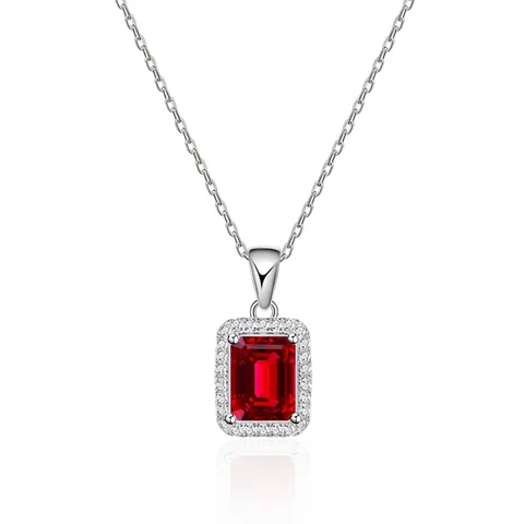 Elegante 925 Sterlingsilber Smaragd Schliff Rote Zirkonia Anhänger Halskette Für Damen Luxus Halo Geometrischer Schmuck