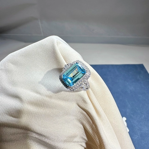 Lussuoso Anello Halo in Argento Sterling 925 Taglio Smeraldo Acquamarina Strass Giallo per Donna Gioielli per Anniversario