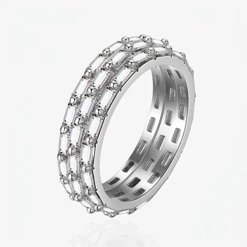925 Sterling Silver Eternity Ring For Women Irregular Baguette Cut Cubic Zirconia Three Row Inlaid Statement Finger Ring Jewelry
