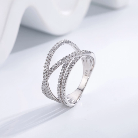 925 Sterling Zilver Meerlaagse Gekruiste Ringen Voor Vrouwen Zirconia Micro Pave Mode Sieraden Platina Vergulde Geometrische Ring