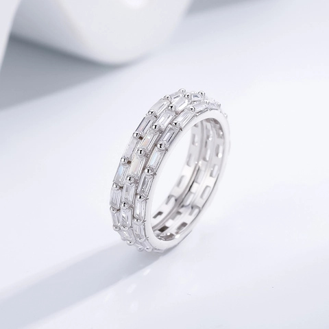925 Sterling Silver Eternity Ring For Women Irregular Baguette Cut Cubic Zirconia Three Row Inlaid Statement Finger Ring Jewelry