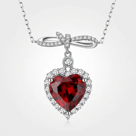 Collana con Ciondolo a Cuore in Argento Sterling 925 da Donna Rosso Sangue di Piccione Strass Design a Fiocco Gioielli