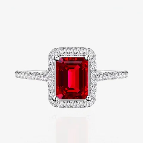 925 Sterling Silver Emerald Cut Red Zirconia Ring For Women Luxurious Halo Engagement Wedding Band Fashion Hand Jewelry Gift