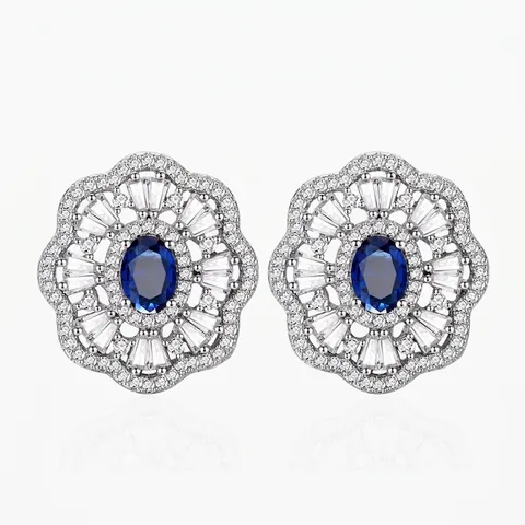 Luxury 925 Sterling Silver Royal Blue Sapphire Style Stud Earrings Oval Rhinestone Inlaid Flower Jewelry For Women Party