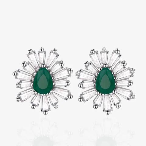 925 Sterling Silver Teardrop Stud Earrings For Women Elegant Emerald Green Inlaid Rhinestone Flower Shape Fashion Jewelry Gift