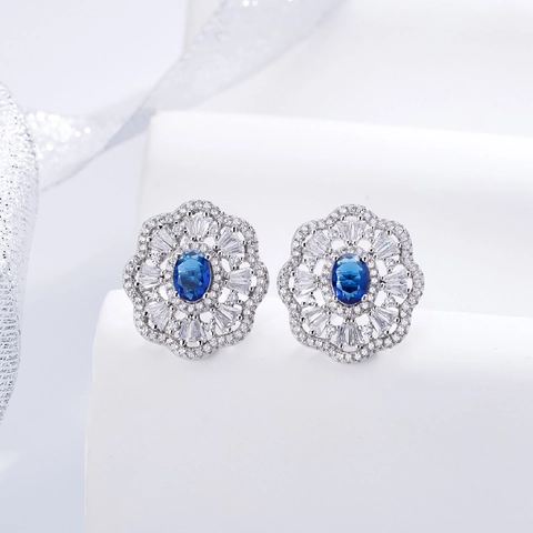 Luxury 925 Sterling Silver Royal Blue Sapphire Style Stud Earrings Oval Rhinestone Inlaid Flower Jewelry For Women Party