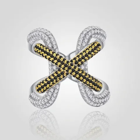 Bague Croisée en Argent Sterling 925 pour Femme Strass Micro-pavé Géométrique Mode Individuelle Bague de Doigt Bijoux de Déclaration