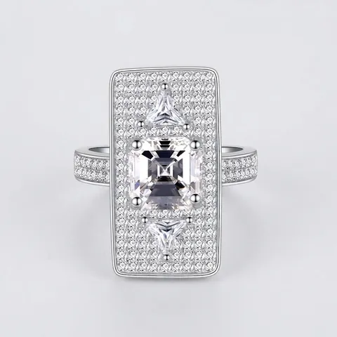 Lussuoso Anello da Cocktail Rettangolare in Argento Sterling 925 per Donna Anello a Fascia Geometrico con Micro Strass Esagerato