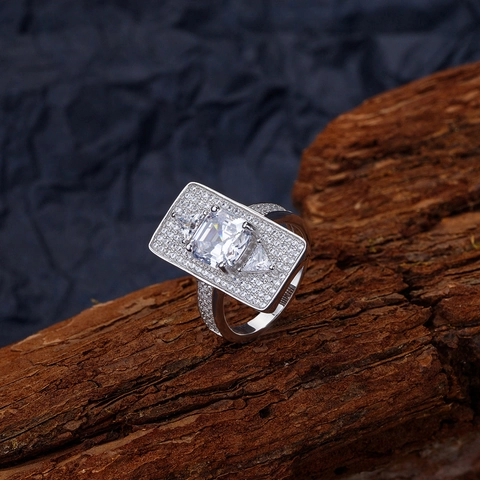Lussuoso Anello da Cocktail Rettangolare in Argento Sterling 925 per Donna Anello a Fascia Geometrico con Micro Strass Esagerato