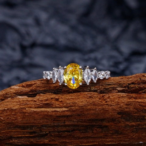 925 Sterling Silver Oval Yellow Zirconia Ring Marquise White CZ Accent Wedding Engagement Ring For Women Fashion Jewelry
