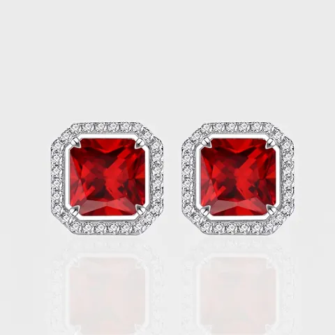 Boucles d'Oreilles Clous Carrées en Argent Sterling 925 Rouge Rubis pour Femmes Bijoux d'Oreille Géométriques Halo Strass