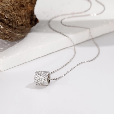 Collana con Ciondolo a Cilindro in Argento Sterling 925 Catena a Clavicola Micro Pavé di Zirconia Gioielli Eleganti Minimalisti
