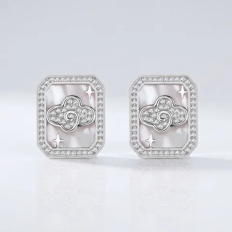 925 Sterling Silver Rectangular Stud Earrings With Nacre Mother Of Pearl Inlay Pave Rhinestone Cloud Star Oriental Style Jewelry Women