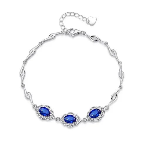 Braccialetto in Argento Sterling S925 per Donna Zirconia Blu Ovale Elegante Strass Intarsiato Temperamento Moda Gioielli Regalo Anniversario
