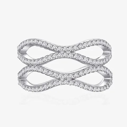 S925 Silver Wavy Water Ripple Ring For Women Pave Rhinestone Geometric Hollow Out Fashion Jewelry Party Accessories