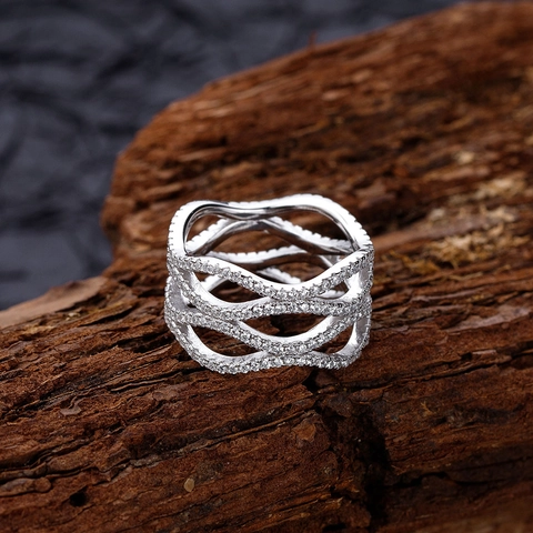 S925 Silver Wavy Water Ripple Ring For Women Pave Rhinestone Geometric Hollow Out Fashion Jewelry Party Accessories