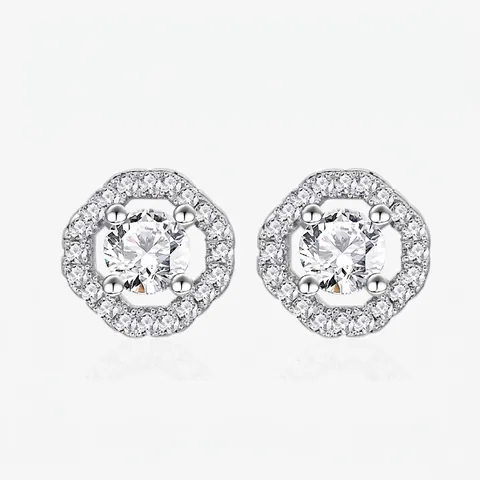 925 Sterling Silver Hexagon Halo Stud Earrings Minimalist Round Cut White Rhinestone Inlaid Geometric Ear Jewelry For Women