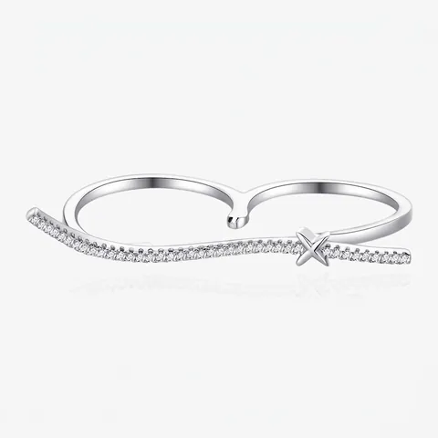 S925 Sterling Silver Double Finger Ring Pave Rhinestone Star Wave Interlinked Open Ring For Women Original Design Jewelry Gift
