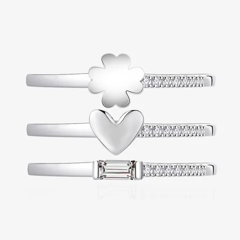925 Sterling Silver Clover Heart Rectangular Rhinestone Ring Set For Women Layering Stackable Fashion Jewelry Finger Rings