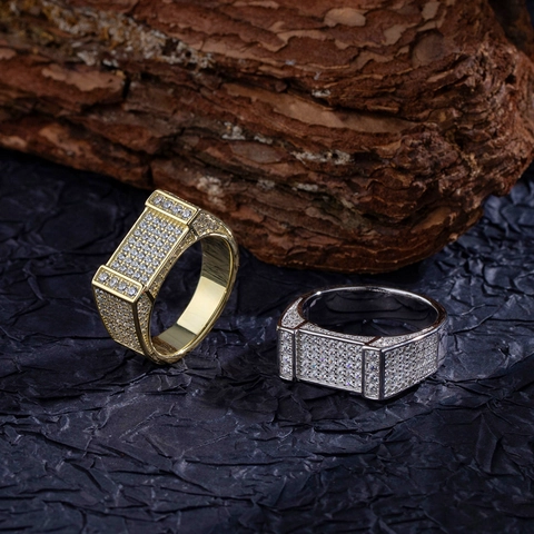 925 Sterling Silver Hip Hop Zirconia Ring For Men Women Iced Out Rectangular Micro Pave Punk Geometric Band Jewelry