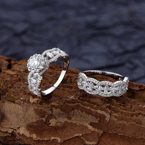 S925 Sterling Silver Stackable Wave Ring Set For Women Micro Pave Rhinestone Hollow Garden Rings Luxury Fashion Finger Jewelry