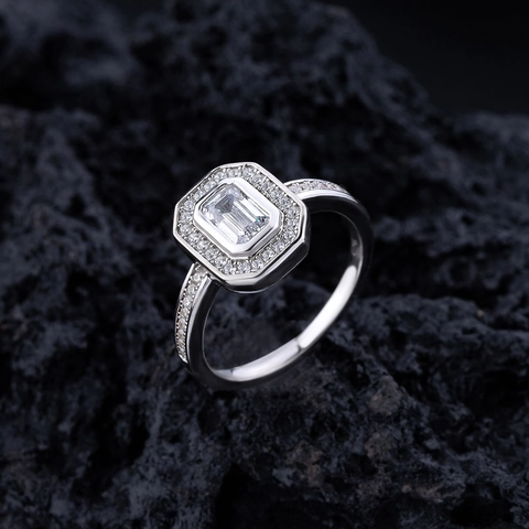 Luxus 925 Sterlingsilber Smaragdschliff Zirkonia Halo Ring Geometrisch Mikro Pave Eingelegt Verstellbar Fingerring Schmuck Damen