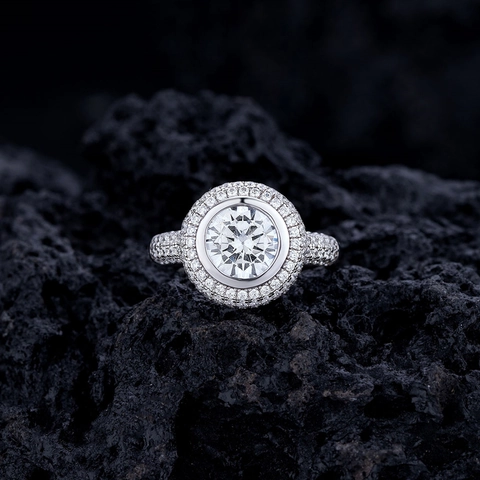 S925 Sterling Silver Double Halo Round Ring For Women Luxury Hip Hop Pave Rhinestone Finger Ring Statement Jewelry