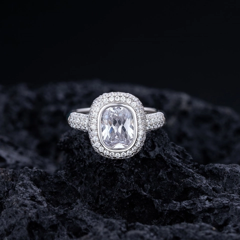 Hiphop 925 Sterling Zilver Ring Kussenvorm Zirconia Dubbele Halo Pave Luxe Verlovingsring Trouwring Sieraden Unisex