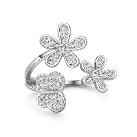 925 Sterling Silver Butterfly Flower Pave Rhinestone Open Adjustable Ring For Women Irregular Petal Jewelry Elegant Gift