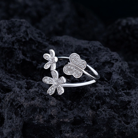 925 Sterling Silver Butterfly Flower Pave Rhinestone Open Adjustable Ring For Women Irregular Petal Jewelry Elegant Gift