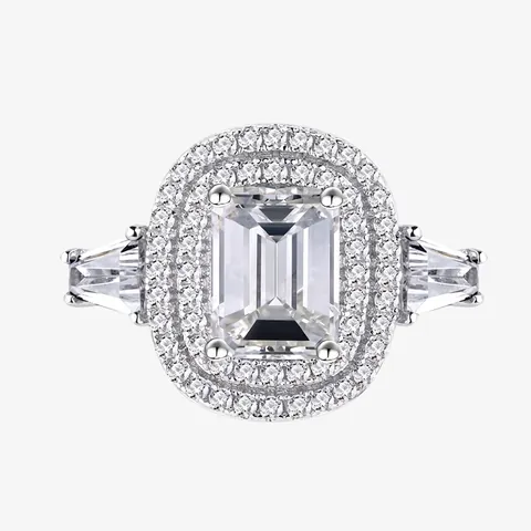 Luxury 925 Sterling Silver Emerald Cut Zirconia Ring With Double Halo Elegant Geometric Women Jewelry Gift