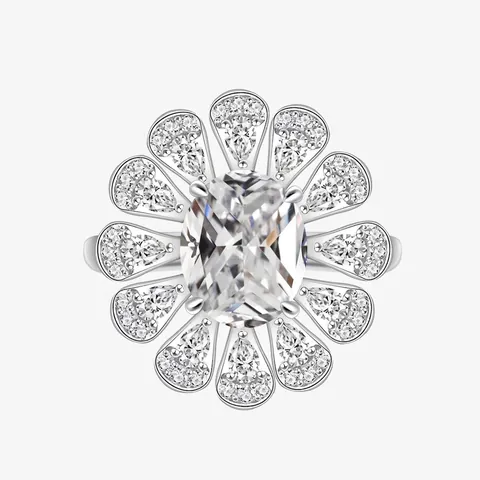 Bague Tournesol en Argent Sterling S925 Zirconia Ovale Halo Floral Luxueux Bague de Mode pour Femme Bijoux de Mariage