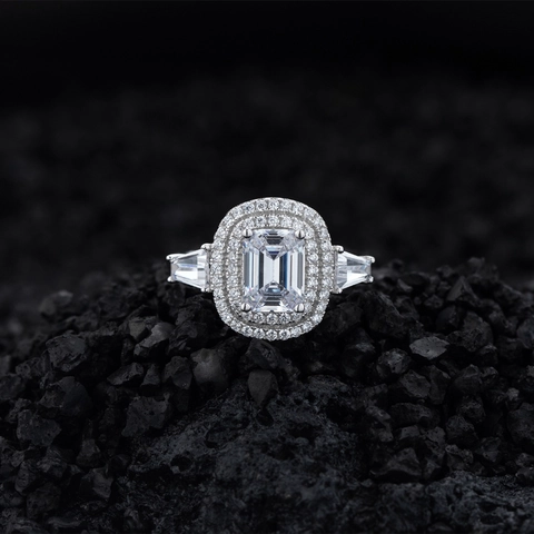 Luxury 925 Sterling Silver Emerald Cut Zirconia Ring With Double Halo Elegant Geometric Women Jewelry Gift