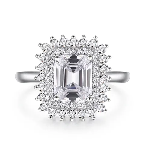 925 Sterling Silver Emerald Cut Zirconia Halo Ring Elegant Rectangle Double Halo Statement Ring For Women Jewelry Gift