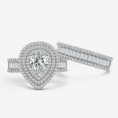 S925 Sterling Zilver Peervorm Zirconia Hoofdring En Bijpassende Band Voor Vrouwen Micro-Inleg Dubbele Halo Verloving Sieraden