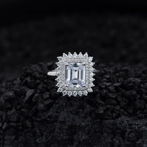 925 Sterling Silver Emerald Cut Zirconia Halo Ring Elegant Rectangle Double Halo Statement Ring For Women Jewelry Gift