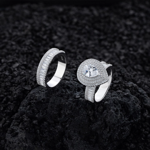 S925 Sterling Zilver Peervorm Zirconia Hoofdring En Bijpassende Band Voor Vrouwen Micro-Inleg Dubbele Halo Verloving Sieraden